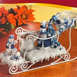 Vintage Holiday Time Snowman Sleigh Votive Candle Holder NIB Blue and White